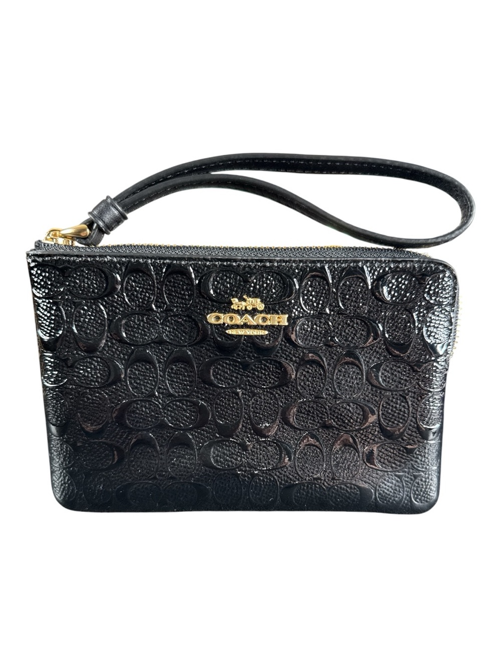 COACH Corner Zip Black Patent Debossed Leather Wristlet